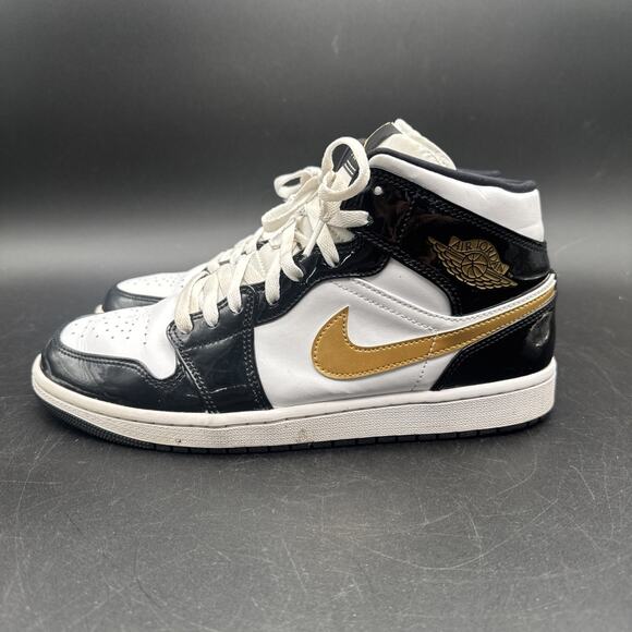Nike Air Jordan 1 Mid Patent Black White Gold Mens 852542-007 Size 11 main image 9